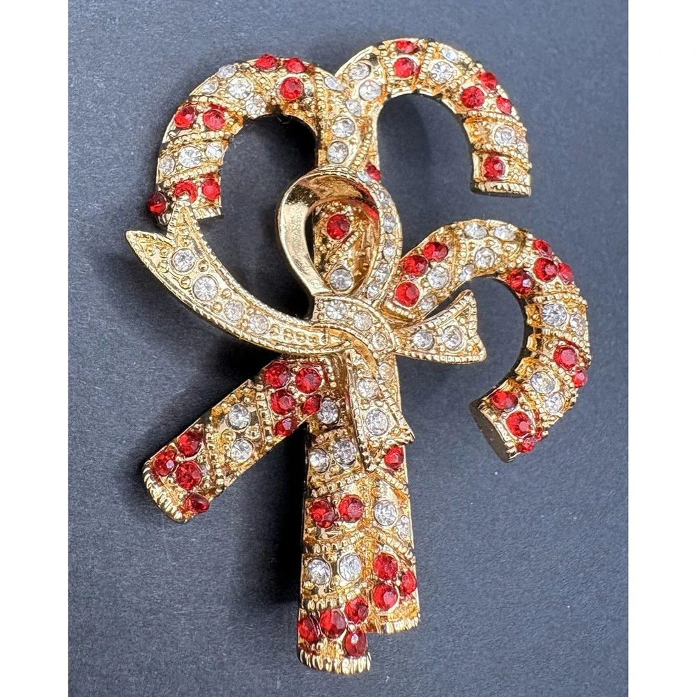 Monet Candy Cane Bow Brooch Christmas Pin Red Rhinestones Gold Tone w/ Box